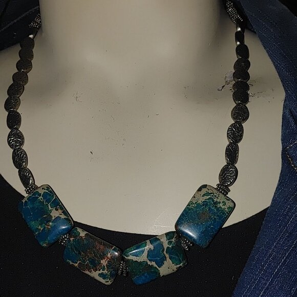 Vintage Silver Necklace Unknown Stone Brown Turquoise Tone Chunky Statement - Picture 15 of 16